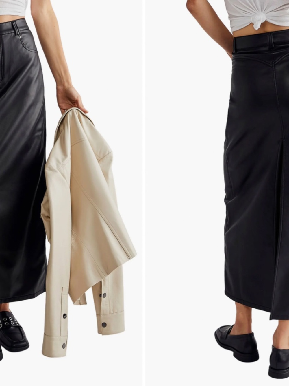 Free People City Slicker Vegan Leather Maxi Skirt Black High Rise A-Line Slit - Picture 7 of 14